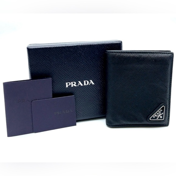 Prada Triangle Logo Saffiano Leather Black Bifold Wallet W/Box Authentic